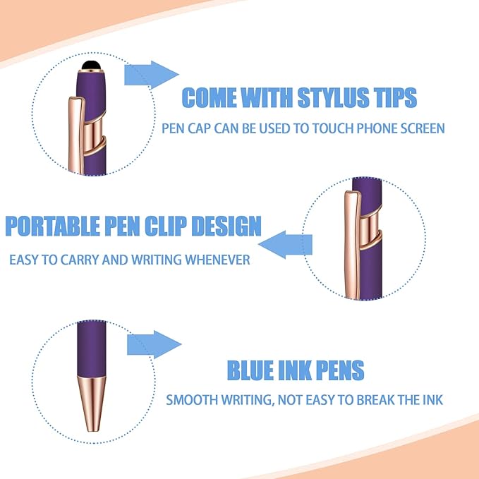 12 Pcs Blue Ink Ballpoint Pen with Stylus Tip, 1.0 mm Metal Pen Stylus Pen for Touch Screens, 2 in 1 Thank You Pen Gift for Office (Purple Rose Gold)