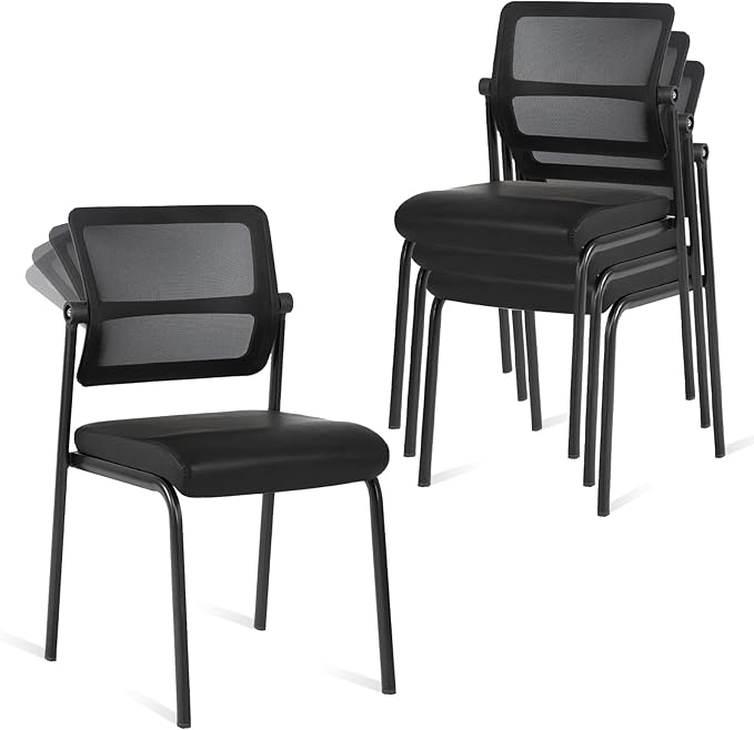 CLATINA Stacking Waiting Room Chairs, Adjustable Mesh Backrest Armless Office Guest Reception Chair with Leather Cushion and Ergonomic Lumbar Support for Conference Lobby Side School Classroom, 4PK