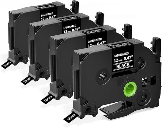 Airmall Label Maker Tape Black Replacement for Brother Ptouch Tape 12mm 0.47 White on Black Tze-335 Tze335 TZe TZ 12mm 0.47 Laminated for Brother PT-D210 PT-D220 PT-H110 PT-D400 PT-D600, 4-Pack