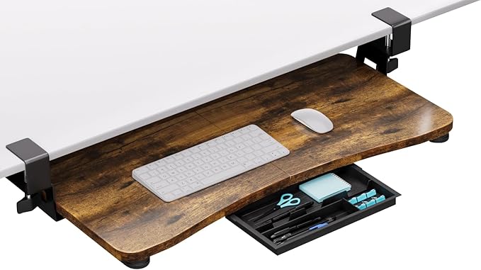 Desktop Keyboard Tray, Under Desk Pull Out,25.59" X 11.81" Large Size Radian Keyboard Tray with C-Clip Mount, Easy Installation, Computer Keyboard Stand, for Home Study and Office(Wood)