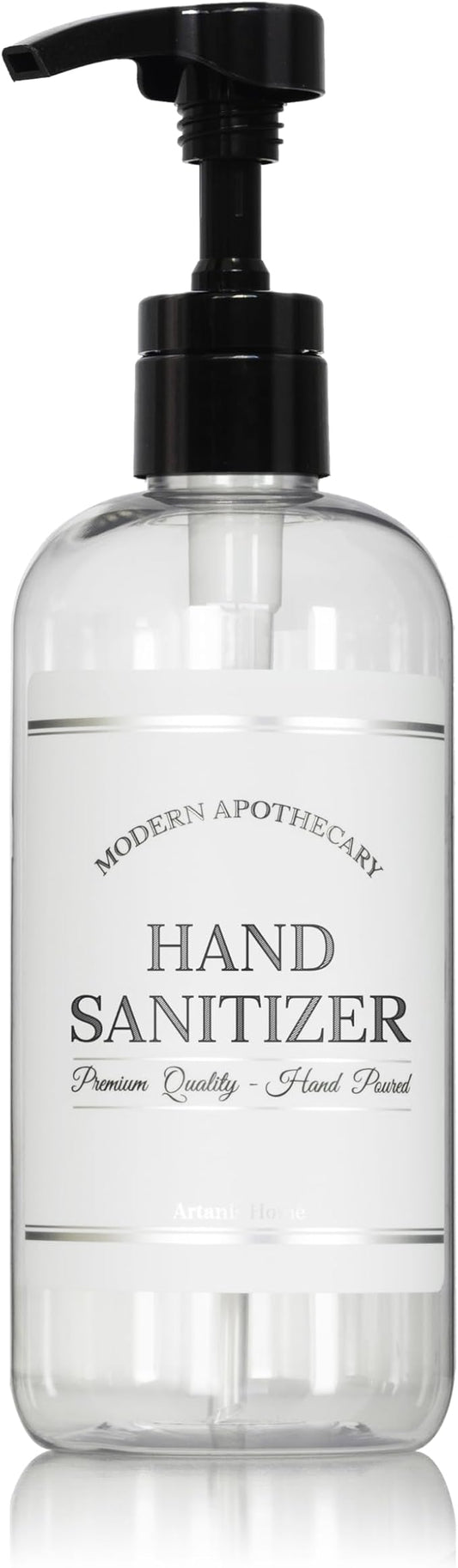 Artanis HomeRefillable Clear PET Plastic 16 oz Hand Sanitizer Bottle with High Output Black Plastic Pump Dispenser - Chrome Accent Waterproof Labeled Bottle