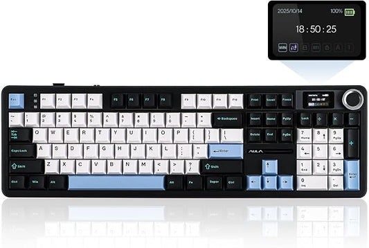 EPOMAKER X Aula F108 PRO Wireless Gaming Keyboard with Screen, 8000mAh Battery, 104 Hot-Swappable and Programmable Keys and Knob, RGB Backlight, for Mac/PC/Android (Blue&White&Black)