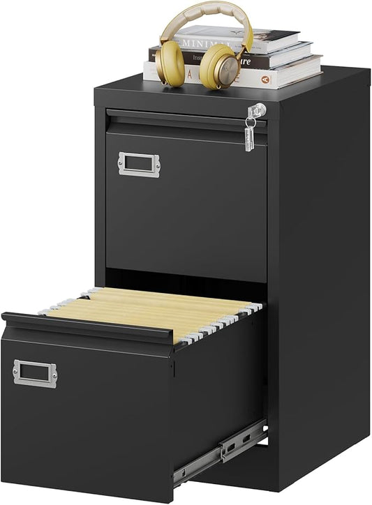2 Drawers Vertical File Cabinets - 17.8" Deep Lockable Filing Cabinet - Black Metal Storage Cabinets for Home Office to Hanging Files Letter/Legal/F4/A4 Size