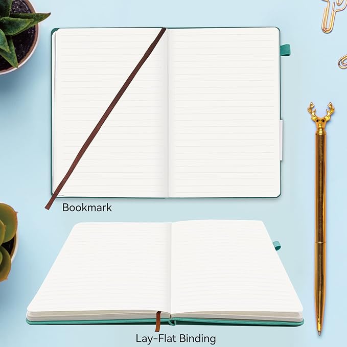 Hardcover Journals 200 Pages, Leather Lined Journal Notebooks, A5 College Ruled Thick Classic with Pen Loop Notebook Journals for Writing, for Men Women Office School, 5.75'' X 8.38'', Green