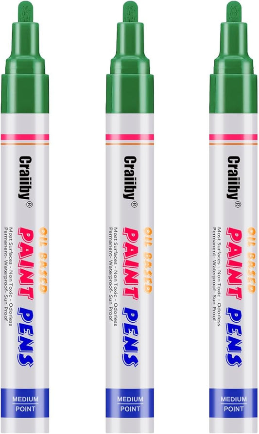 Green Paint Markers, 3 Pack Oil-Based Waterproof Quick Dry Permanent Paint Pen Set for Rocks Painting, Wood, Fabric, Plastic, Canvas, Glass, Mugs, Metal, Tire, Stone, DIY Craft