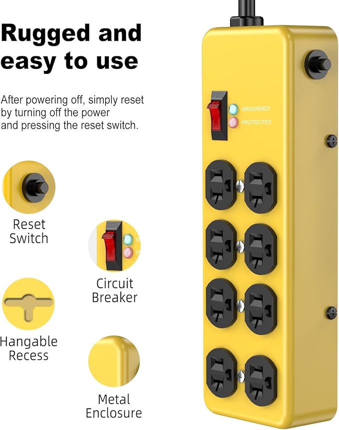 HEZI 20A Power Strip Surge Protector Durable Metal 8-Outlet with Heavy Duty 20 Amp Extension Cord, 12 Gauge for Garage,Workshop & Industrial Use with 6-20R T-Slot Outlets,4800J(Yellow,10FT)