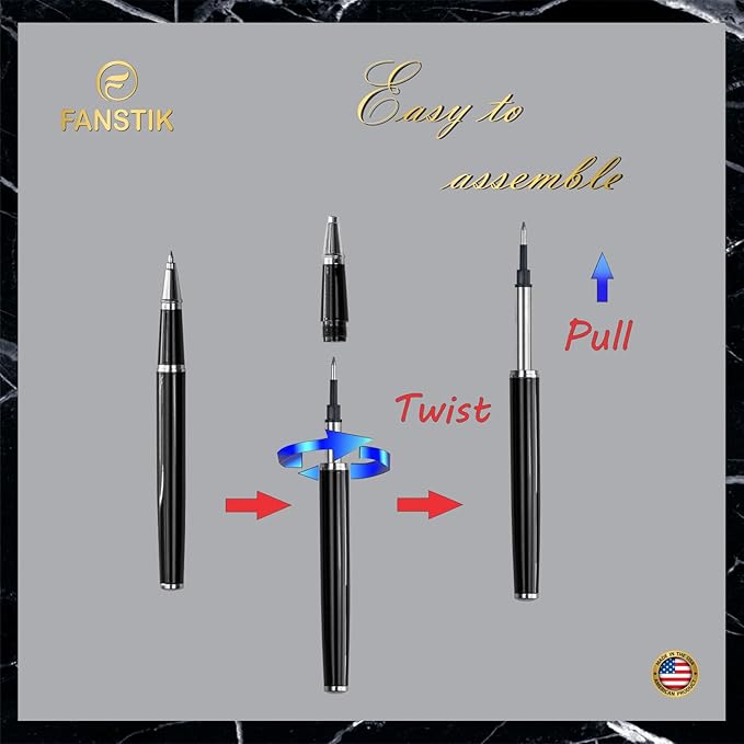 Black & Silver Luxury Rollerball pen (Made In USA) fancy gift set for women, Chrome Finish, Professional executive pen gift set for men (Lux Rollerball Black-Silver)