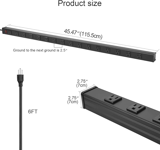 CCCEI Long Heavy Duty Power Strip, 16 Outlet Large Metal Power Strip, Garage Workshop Multi Wide Industrial Power Strip. 15 FT Cord 15A, 125V, 1875W, Black