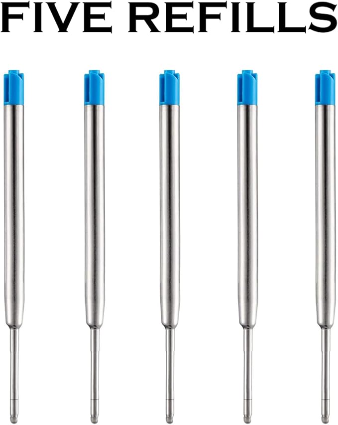 HeTaoCat Blue Ink Refill Pack of 5, Replaceable Ballpoint Pen Refills, Medium Point Metal Refil (Blue)