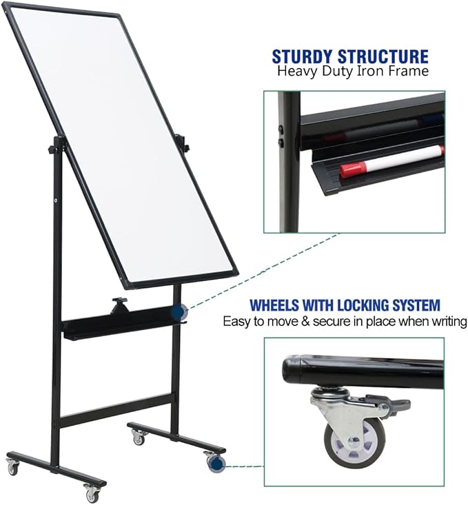 40" x 28" Double-Sided Mobile Whiteboard with Wheels | Rolling Magnetic Dry Erase Board on Stand | Adjustable Height Black Frame White Board for Office, Classroom & Home