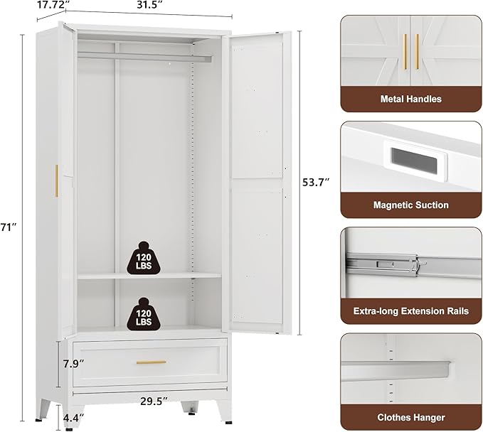 Farmhouse Wardrobe Cabinet with One Drawers,Metal Wardrobe Closet with Hanging Rod,Metal Armoire with Adjustable Shelves for Bedroom,Living Room, Cloak Room,Office (White)
