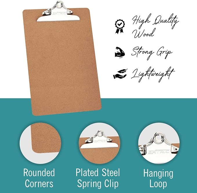 24 Clipboards Standard A4 Letter Size, 9x12.5 inch Wooden Clipboard with 6" Metal Clip, Hardboard, Fits 8.5 x 11 Inch Paper, Bulk Pack