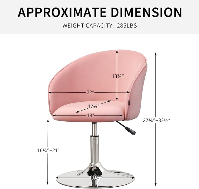 Furnimart Velvet Vanity Chair with Chrome Frame, Height Adjustable & Swivel, Pink - Living Room, Bedroom, Office