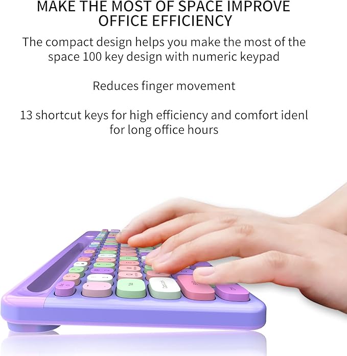 FOPETT Wireless Keyboard and Mouse Combo, 100 Keys Full-Sized 2.4 GHz Round Keycap Colorful Keyboards, USB Receiver Plug and Play, for Windows, Mac, PC, Laptop, Desktop (Purplecolorful)