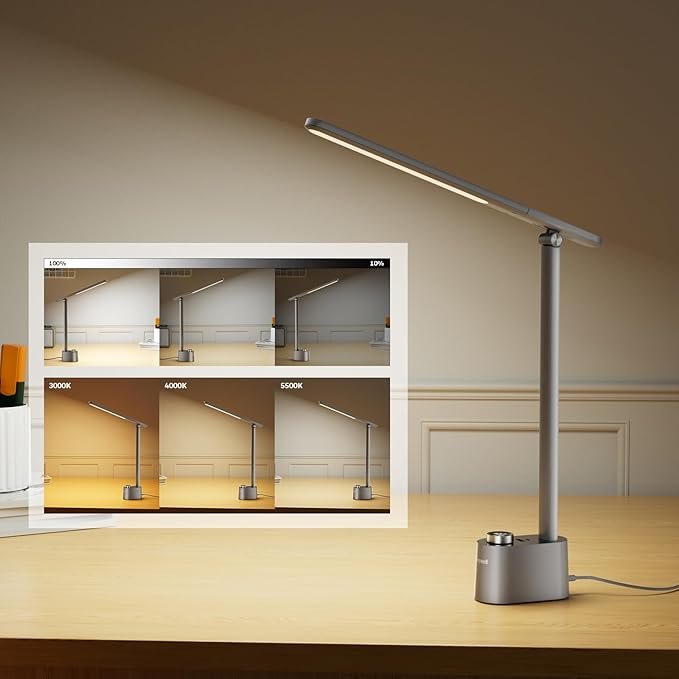 Honeywell Upgraded LED Desk Lamp - H01 Pro Sunturalux™ Foldable Desk Light with USB A+C Charging Port, 3 Color Modes Dimmable Table Lamp for Home Office Reading(Grey)