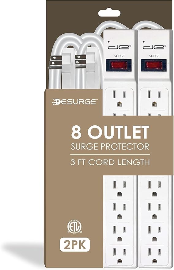 Digital Energy 8 Outlet Surge Protector - 15 AMP, 1875 W, 125 V, 350 J Surge Protection, ETL Listed - Flat Plug (White, 3 FT (Pack of 2))