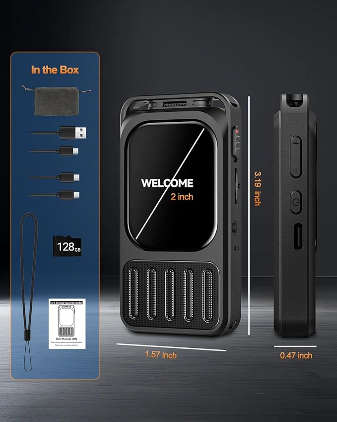 128GB Digital Voice Recorder with Bluetooth & 2" Touchscreen, 3072Kbps HD XIXITPY Voice Activated Recording with Password, Playback, A-B Repeat, MP3 for Lectures, Meetings, Interviews