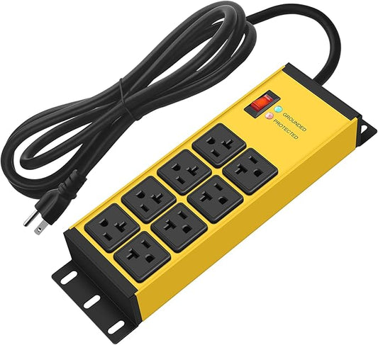 CCCEI Magnetic Heavy Duty Power Strip Surge Protector 20Amp, 12 Gauge High Amp Extension Outlets, Garage Wall Mount 8 Plug Metal Power Strip. 10FT, Yellow, 5-15P Adapter 6-20R T-Slot 20a for Appliance