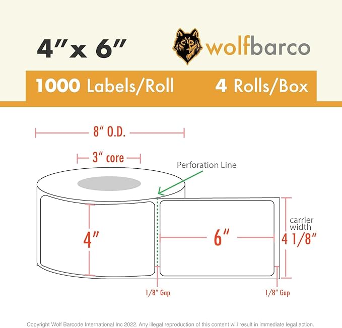 Direct Thermal (Heat Transfer) Paper Label/Industrial Grade 4"X 6" Yellow, with Perforation, 3" Core, 8" OD,1000 Pcs/Roll (4 Rolls per Box), Compatible with Zebra, Godex and Datamax Printers