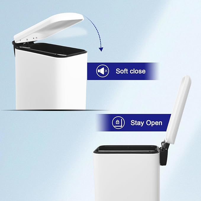 Bathroom Trash Can with Lid，5 Liter / 1.3 Gallon Small Trash Can with Removable Liner Bucket, Soft Close lid & Step Pedal, Stainless Steel Trash Bin for Bathroom,Bedroom,Home Office, White