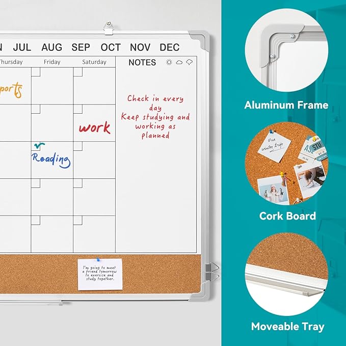 Calendar Whiteboard for Wall,36" x 24" White Board Calendar Dry Erase with Silver Aluminum Frame,Double Side Wall Hanging Board for Office,Home,Kitchen