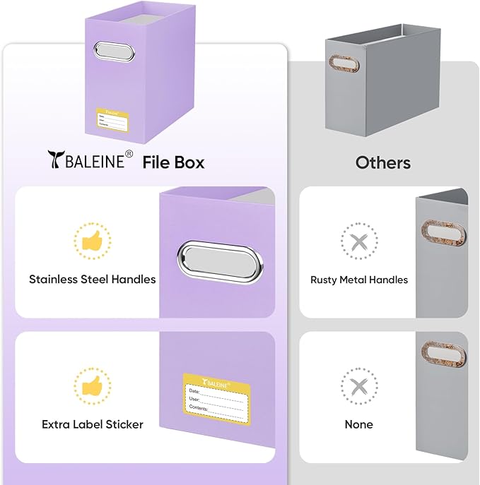 BALEINE File Organizer Box, Cardboard File Folder Organizer with Handle for Letter Size, Portable Collapsible Hanging Filing Box for Home Office Document Storage (4 Pack, Lavender)