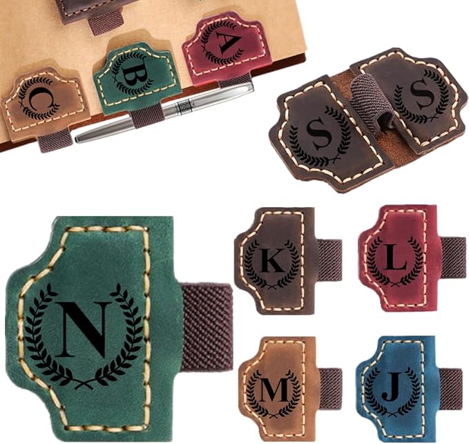 Custom Bookmark with Pen Holder with 26 Letters Personalized Magnetic Leather Book Mark, Customized Name Book Marker Clip with Initial for Men Women, Gifts for Book Lovers, Readers, (Green, N)