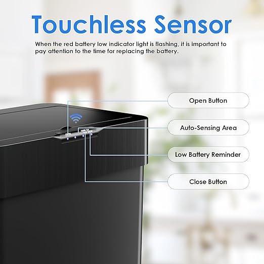 AthLike Sensor Trash Can, Touchless Motion Sensor Trash Bin, Smart Automatic Garbage Can with Soft-Close Lid, Bag Retainer Ring and Display Light,for Kitchen,Living Room Office (Black, 21.1 Gal)