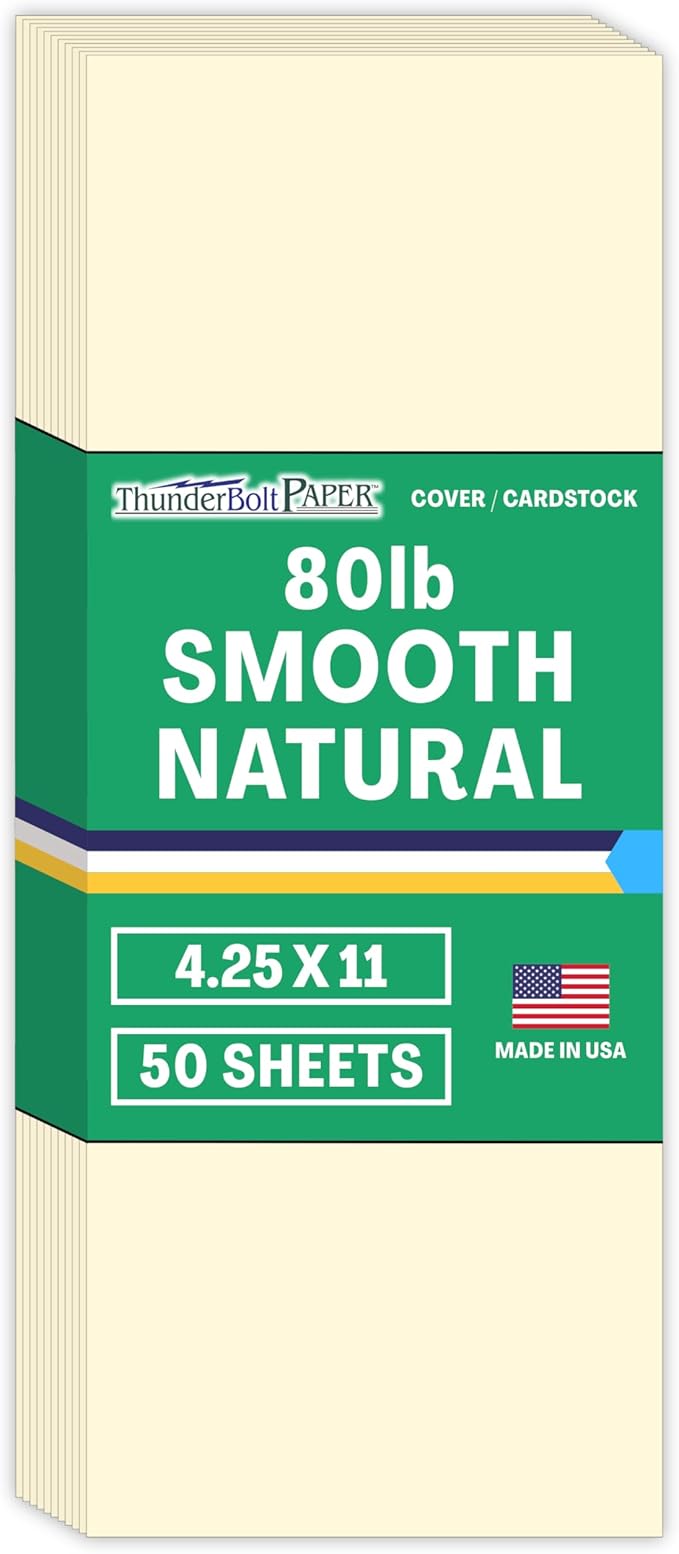 50 Natural Smooth Card Stock Sheets Paper - 4.25 X 11 Inches Half Letter Size Cut Long - 80# (80 lb/pound) Cover Weight - Quality Paper - Smooth Finish