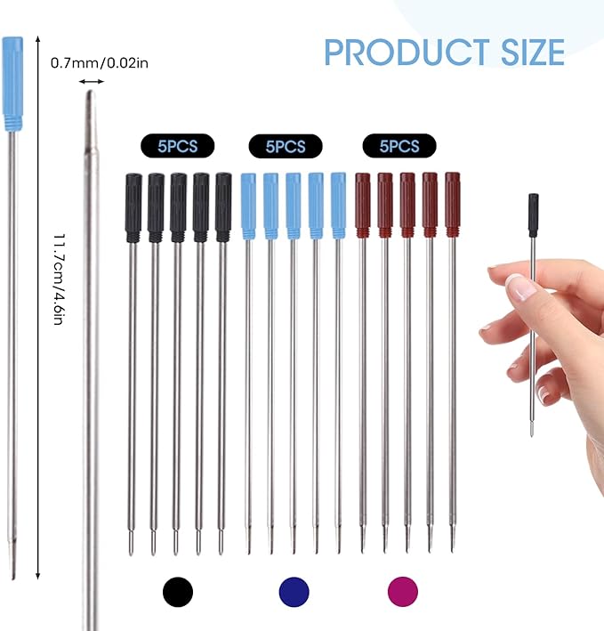 0.7 mm Ballpoint Ink Twist Pen Refills, 15 Pcs Medium Point Metal Smooth Writing Replaceable Ink Refill, Stationery Compatible for Cross Ballpoint Replacement (4.6in M) (Black+Red+Blue, 15)