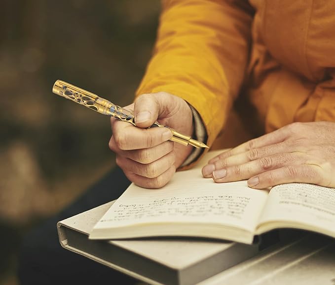 Asvine V169 Vacuum Filling Fountain Pen Fine Nib, Water Drop Skeleton Gold Trim Transparent Clear Acrylic Pen Case Set