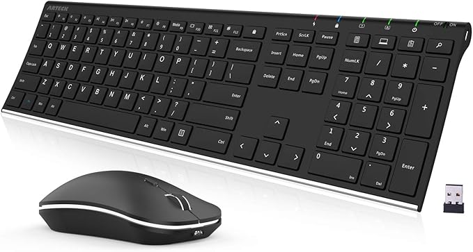 Arteck 2.4G Wireless Keyboard and Mouse Combo Stainless Steel Ultra Slim Full Size Keyboard and Ergonomic Mice for Computer Desktop PC Laptop and Windows 11/10/8 Build in Rechargeable Battery