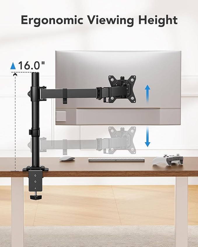 HUANUO Single Monitor Mount, Monitor Arm for 13”-32” Monitors up to 17.6 lbs, Adjustable Stand with 16” Max Height, Desk Mount with C-Clamp and Grommet Base, VESA 75x75mm or 100x100mm