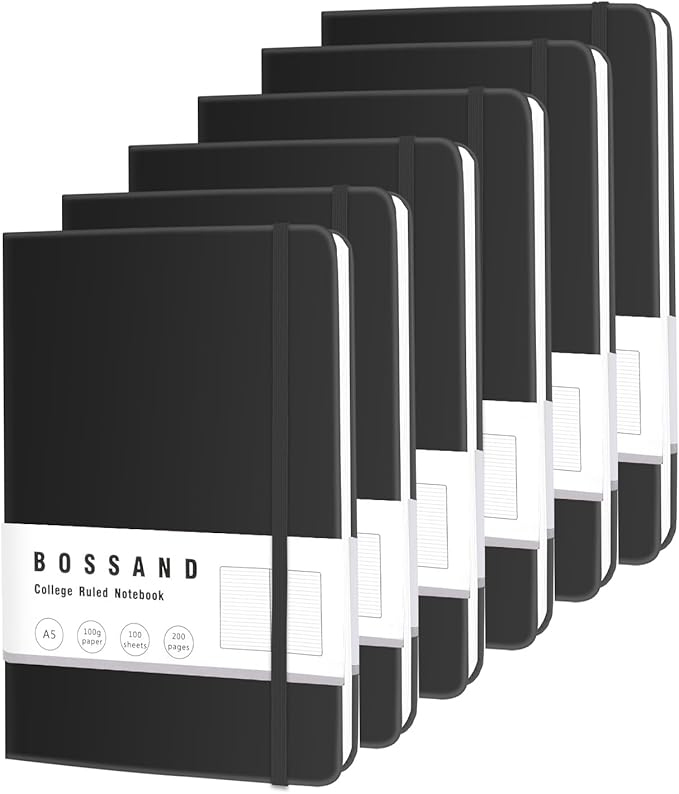 BOSSAND Lined Journal Notebooks, 6 Pack A5 Journals for Writing, 200 Pages 100 GSM Thick College Ruled Paper, Hardcover, 8.25 inches x 5.75 inches, Black