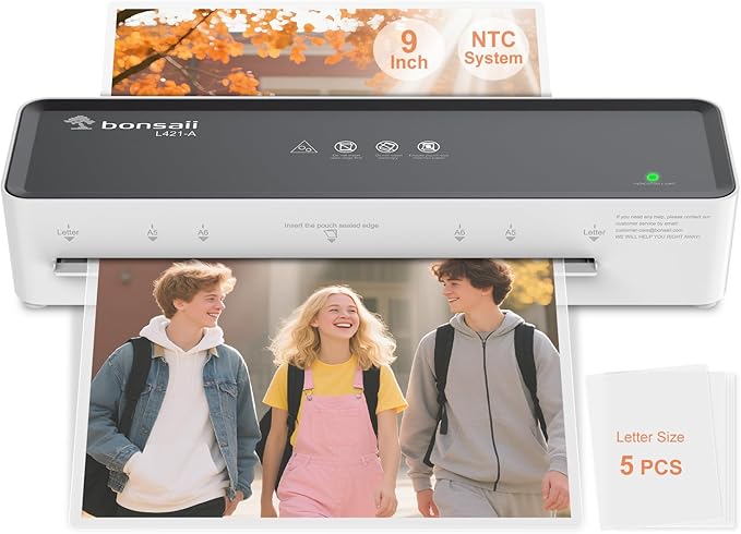 Bonsaii Laminator Machine with 5 Laminating Sheets, 9 Inch Thermal Laminating Machine for Doc/Posters/Photos, Compact Laminator for Home Office School, L421-Grey