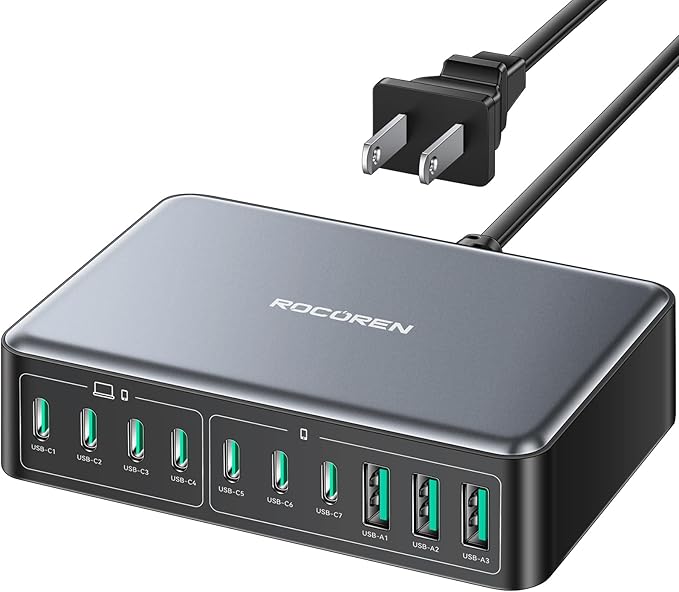 480W USB C Charger Block, Rocoren 10-Ports USB C Charging Station for Multiple Devices,PD 100W Type c Gan Fast Charger Station Multi USBC Charging Hub for Laptop MacBook HP iPad iPhone Samsung