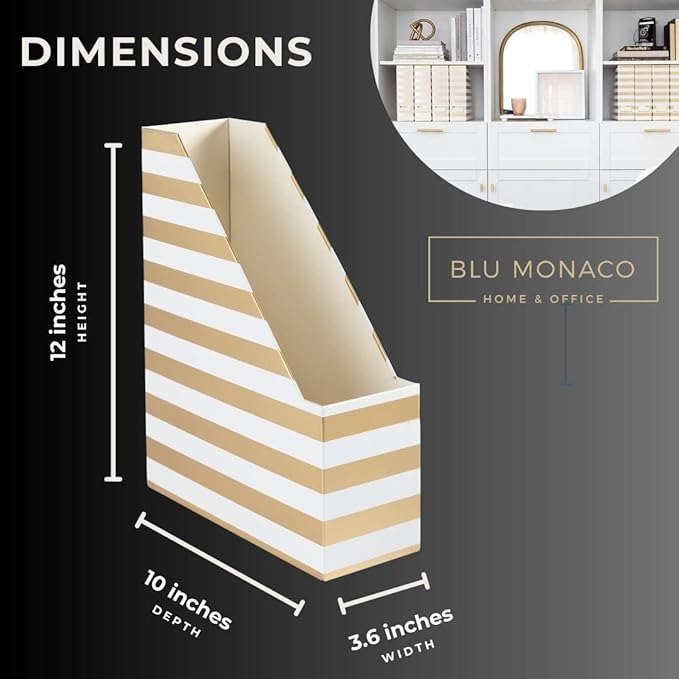 BLU MONACO Set of 4 Gold & White Striped Magazine File Boxes with Gold Label Holders – Stylish File Organizer Box for Desk, Office Supplies, File Folder Holder, and Book Organizer