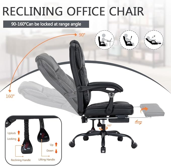 Ergonomic Office Chair with Foot Rest, Executive Chair with Footrest PU Leather Computer Chair, Big and Tall Chair Reclining Desk Chair, Thick Padded Coil Spring Seat, 400 lbs Capacity (Black)