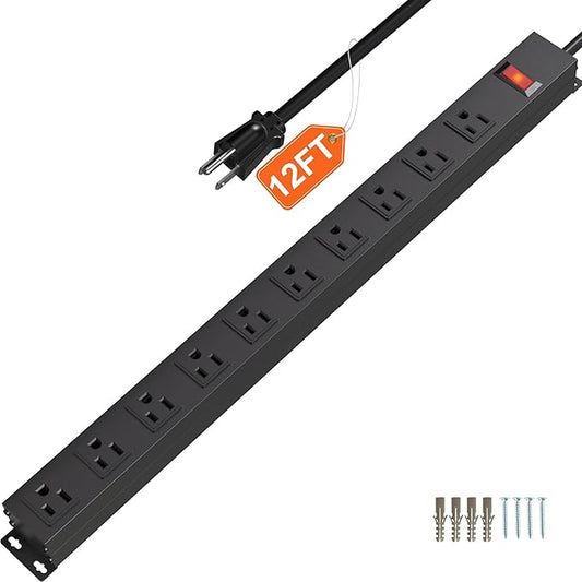 10 Outlet Metal Power Strip with 12Ft/125V/15A Long Extension Cord Black Heavy Duty Power Strip for Kitchen,Office,School,Commercial,Workshop,Industrial,ETL Certified and Listed,Black(12FT)