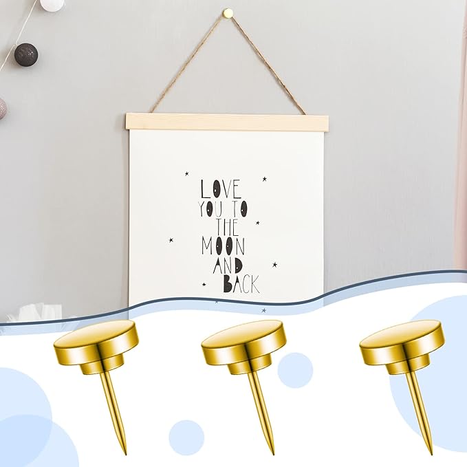 30 Pieces Push Pins, Metal Thumb Tacks for Picture Photo Hanging, Wall Pins for Board Posters Bulletin Maps, Wall Tack for Office Home Decorative (Gold)