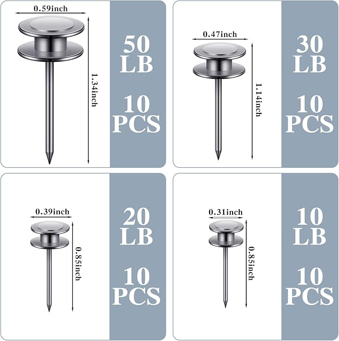 Ferraycle 40 Piece Double Headed Picture Hangers Nails 4 Size Long Thumb Tacks for Wall Hanging Decorative Nails Push Pins Picture Hooks for Drywall Photo Decor, 10/20/ 30/ 50lb(Silver)