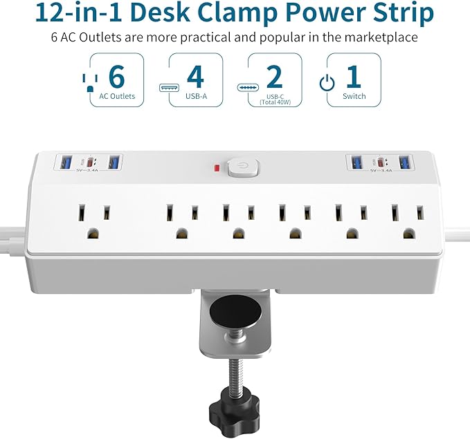 40W Fast Charging Station, Desk Clamp Power Strip, JXGUCAT Removable Desk Clamp Mount Power Strip Surge Protector, 2 USB-C Ports, 6 AC Outlets and 10ft Cord, Fits 1.8" Tabletop Edge