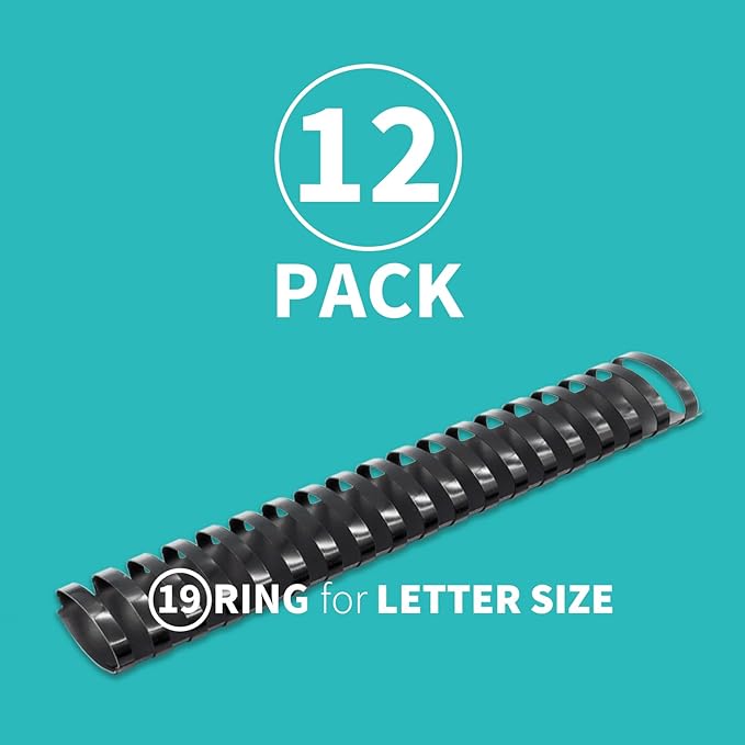 Binditek 12 Pack Plastic Binding Comb Spines, 1-1/2 Inch Diameter, 310 Sheet Capacity, 19 Ring, for Letter Size, Black, for Students and Coworkers