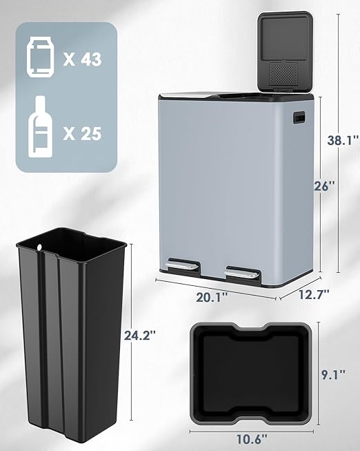 Arlopu 16Gal Dual Trash Can w/2 Built-in Box for Odor Control, Hands-Free Kitchen Garbage Bin, Recycle Waste Dustbin, Soft-Close Lid, 2 Buckets,Foot Pedal, Side Handle, Airtight,for Home Office