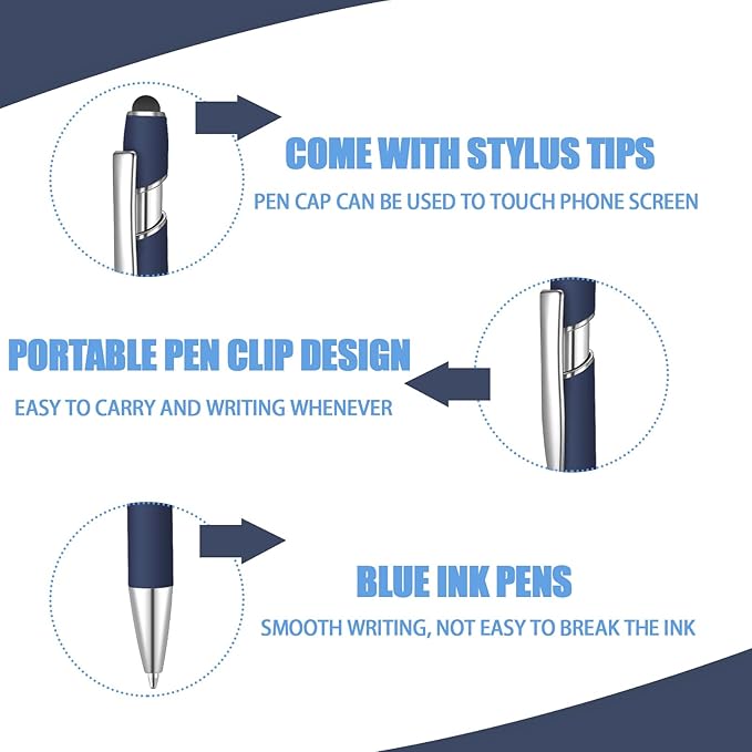 24 Pcs Blue Ink Ballpoint Pen with Stylus Tip 2 in 1 Ballpoint Pen 1.0 mm Blue Ink Metal Stylus Pen for Touch Screens Coworkers, Family, Colleagues, Office (navy blue)