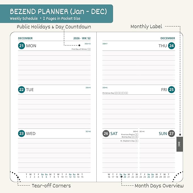 BEZEND Pocket Calendar 2026 Weekly and Monthly (3.5" x 6") Small Daily Planner for Purse (Jan-Dec) with Notes & Expenses, Inner Pocket, Pen Holder, Vegan Leather Hardcover - Lavender