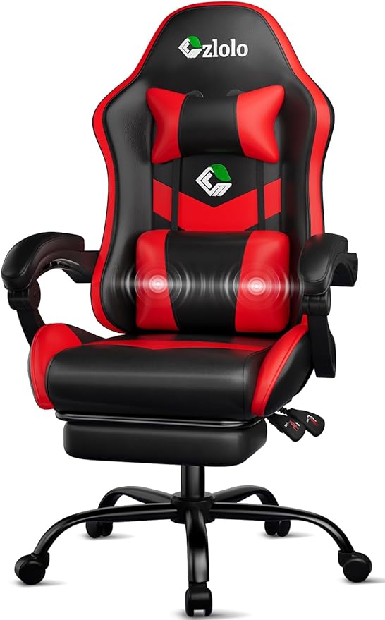 Gaming Chair, Ergonomic Office Computer Chair with Footrest and Lumbar Support Massager Racing Style High Back Video Gamer Chair, Wide＆Thick Cushion, 90°-135° Recline, Adjustable Height, Red