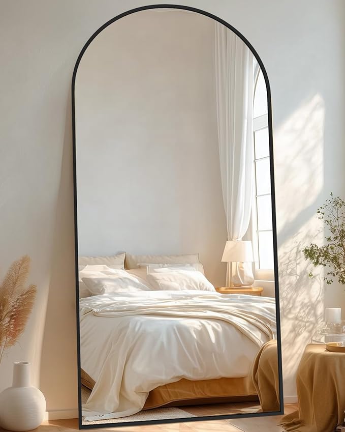 Full-Length Floor Mirror with Stand, 76"x34" Arched Style Full Body Standing Mirror for Bedroom, Living Room, Gym, Dorm - Shatter-Resistant & Easy Assembly, Black