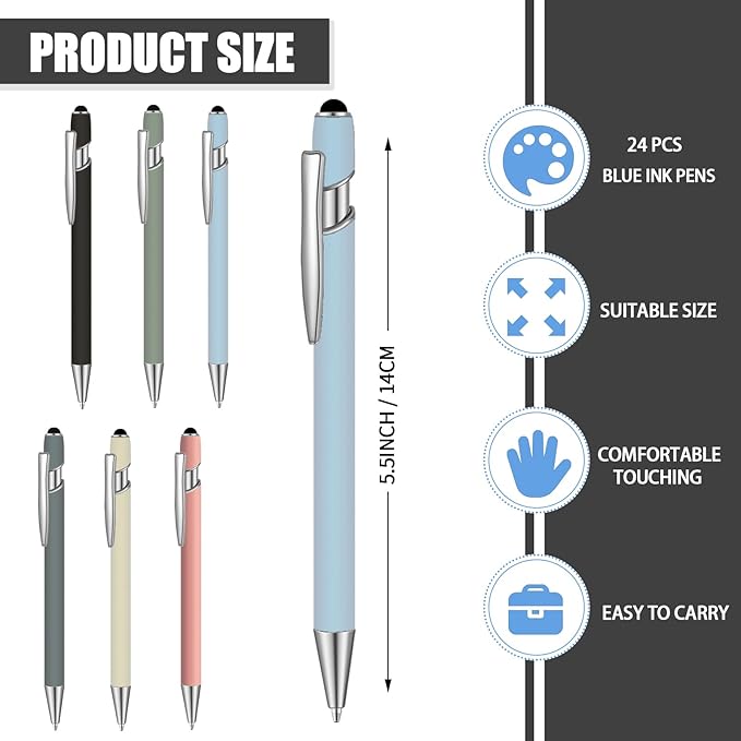 24 Pcs Blue Ink Ballpoint Pen with Stylus Tip 2 in 1 Ballpoint Pen 1.0 mm Blue Ink Metal Stylus Pen for Touch Screens Coworkers, Family, Colleagues, Office (Turquoise)