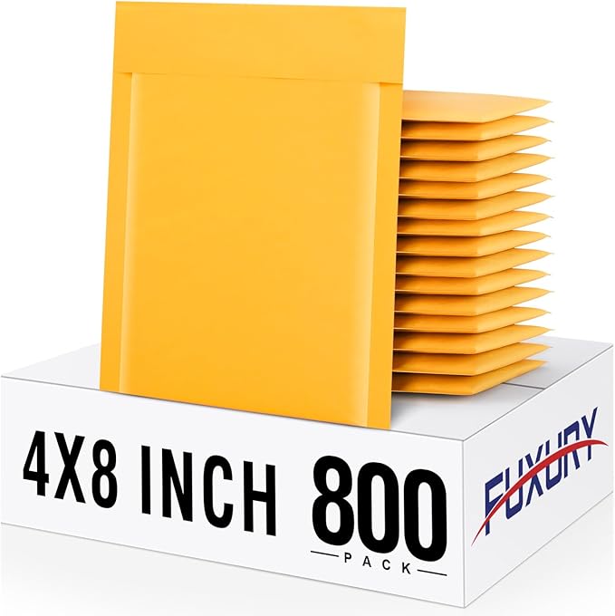 Fuxury Kraft Bubble Mailer 4x8" 800Pack Strong Adhesion Padded Envelopes Thick Bubble Envelopes Usable Size 4x7" Waterproof Cushioned Padded Mailers Packaging for Small Business #000 Yellow